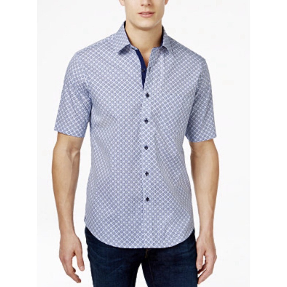 Tasso Elba Button Down Men Small Blue White Excellent Geometric Short Sleeve‎
